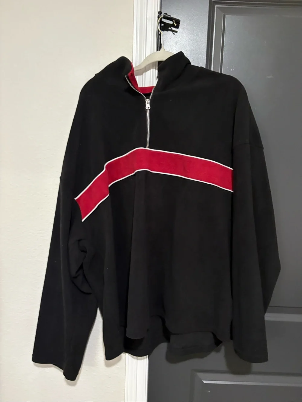 Women's Black Half-Zip Sweater with Red Stripe